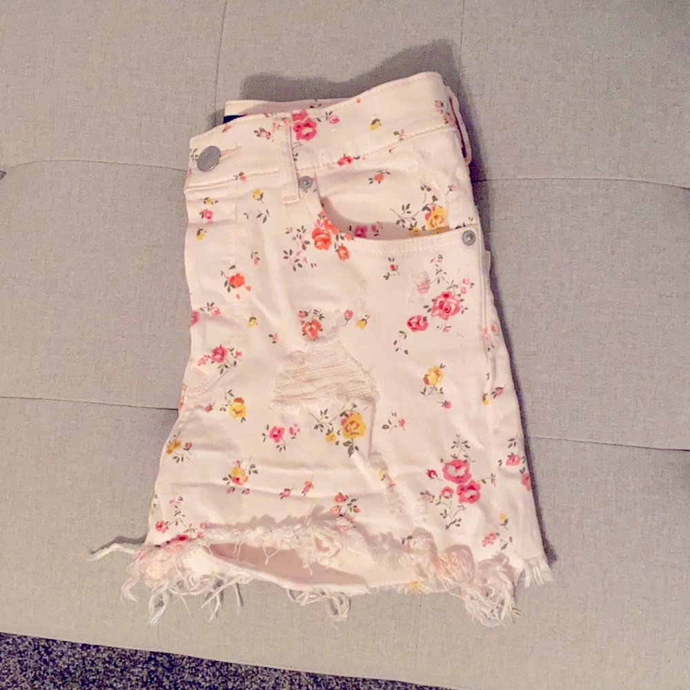 High Rise Light Pink Floral Denim Shorts